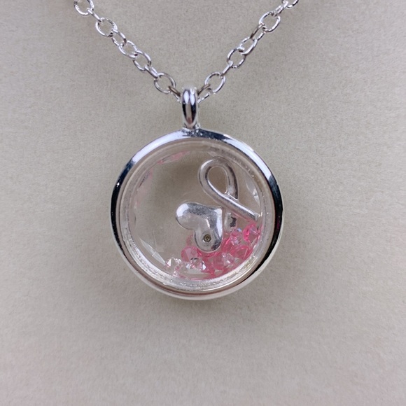 Silver NRQ Necklace & Pendant Pink ribbon & heart gems Breast Cancer Round New - Picture 3 of 13